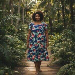 Jade Fashions Hawaiian Muumuu Dress XXXL Blue Hibiscus Floral Cotton Tiered Midi